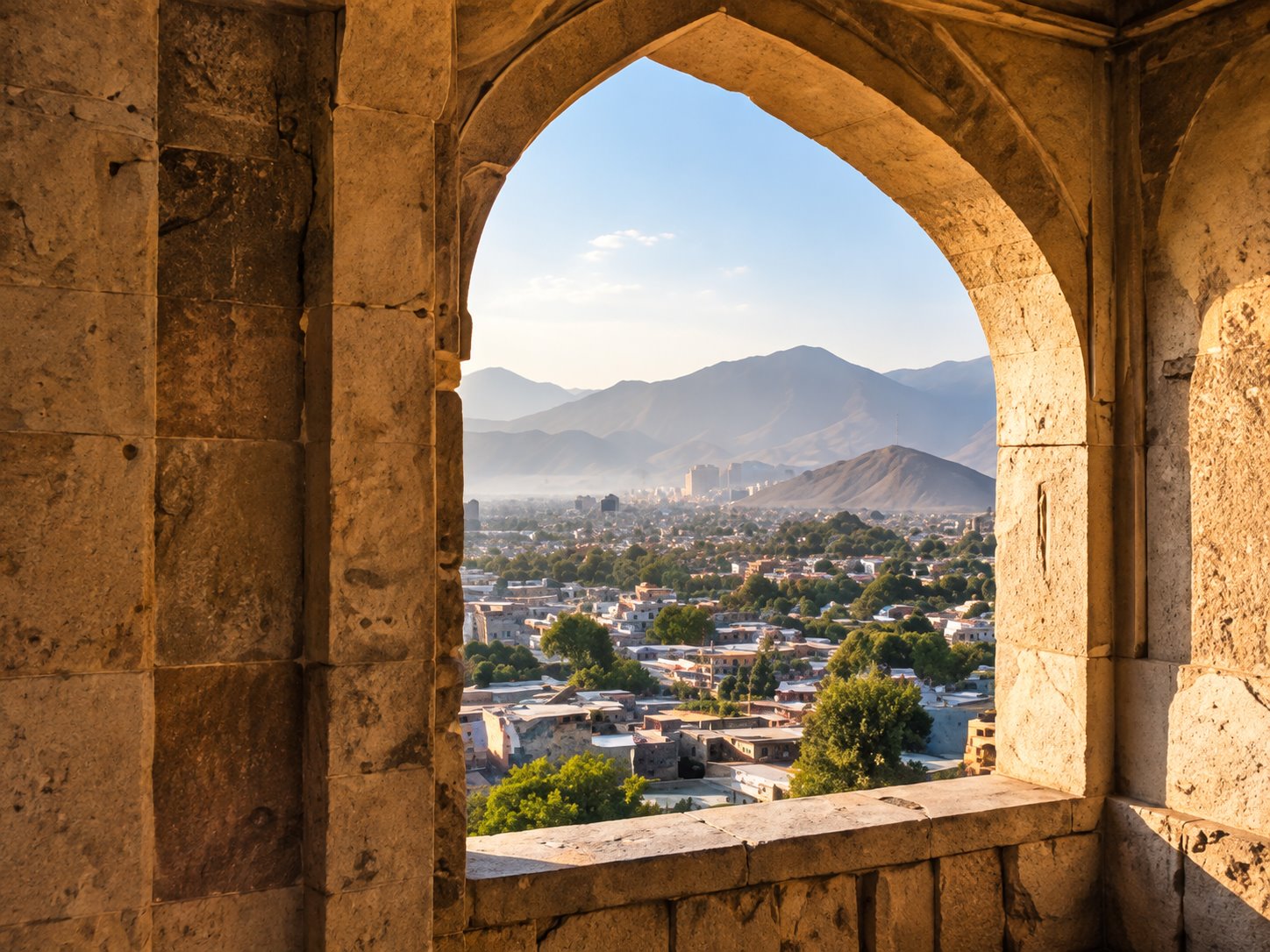 Arched window view over Afghan city